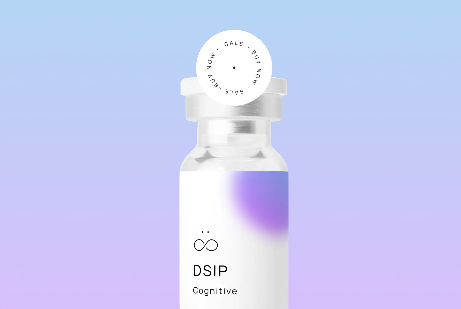 A small glass vial labeled 'DSIP Cognitive' with an infinity logo against a soft purple and blue gradient background.