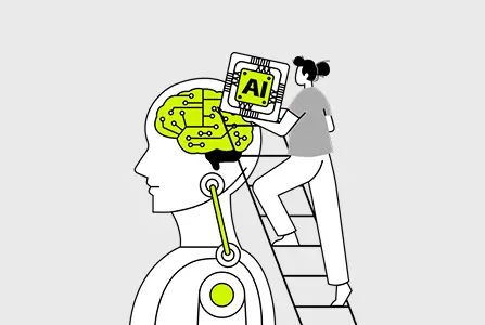 A minimalist illustration showing a person on a ladder inserting an AI microchip into a human-shaped robot's head, which contains a circuit-style brain.