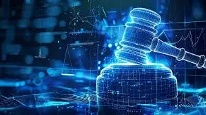 Glowing digital gavel and scales of justice symbolizing modern law and technology.