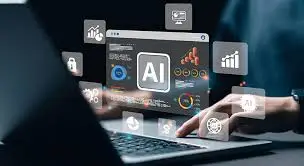 Hands working on a laptop with holographic AI financial icons and data visualizations.