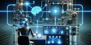 AI-powered manufacturing and industrial automation concept featuring a robotic operator and digital data visualization.