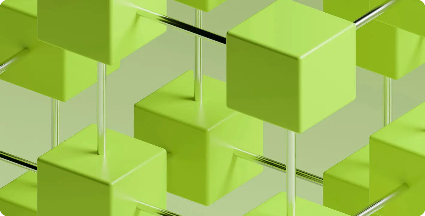 Modular API development concept with connected 3D green cubes.