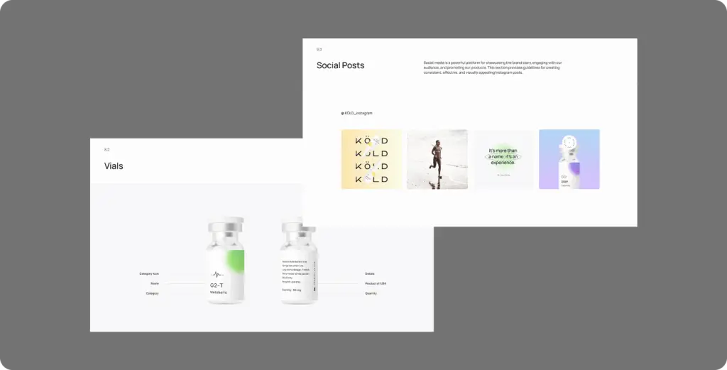 Branding presentation slides for KÖLD showing social media assets and medical-style vial packaging.