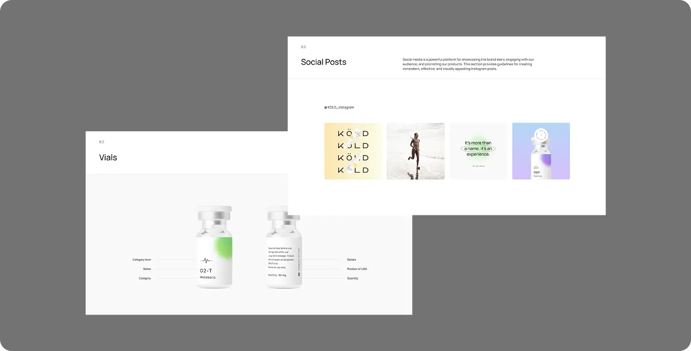 Branding presentation slides for KÖLD showing social media assets and medical-style vial packaging.