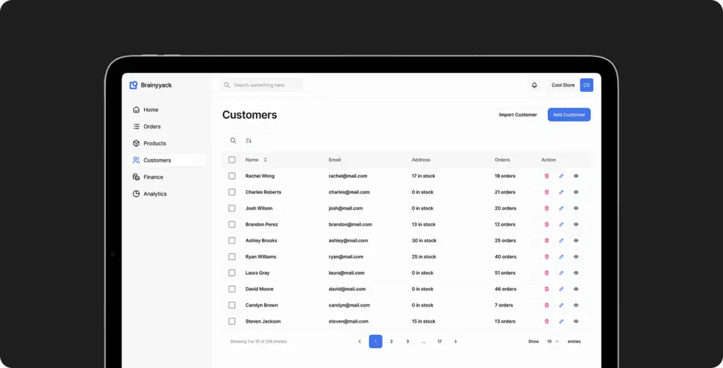 User interface mockup of a Customer Relationship Management (CRM) platform showing an organized customer database and analytics sidebar.