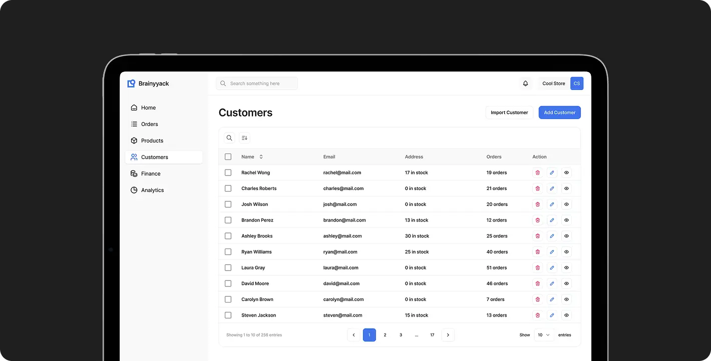 User interface mockup of a Customer Relationship Management (CRM) platform showing an organized customer database and analytics sidebar.