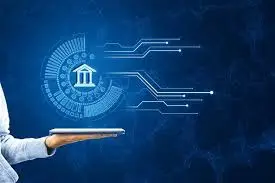 Digital government services and online banking concept with a futuristic blue tech interface.