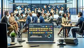 Laptop showing a data dashboard in a crowded, modern collaborative workspace.