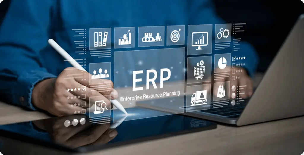Person interacting with an ERP software interface showing supply chain and business management icons.