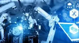 AI-powered industrial robotic arms working in a smart manufacturing and automation environment
