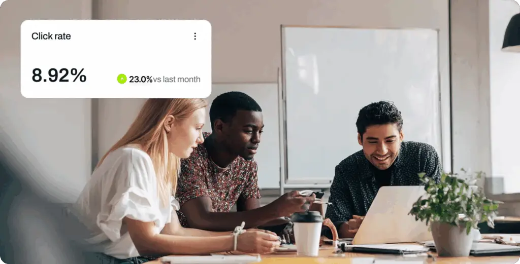 Marketing team collaborating around a laptop with a digital data overlay showing increased click rate metrics.