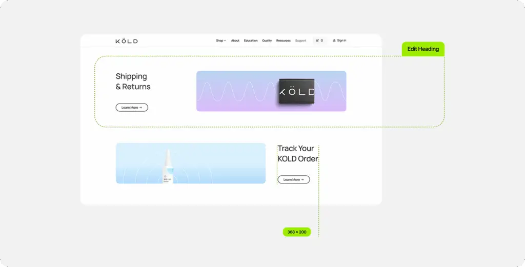 Modern e-commerce website interface design for KÖLD with clean white and purple accents.