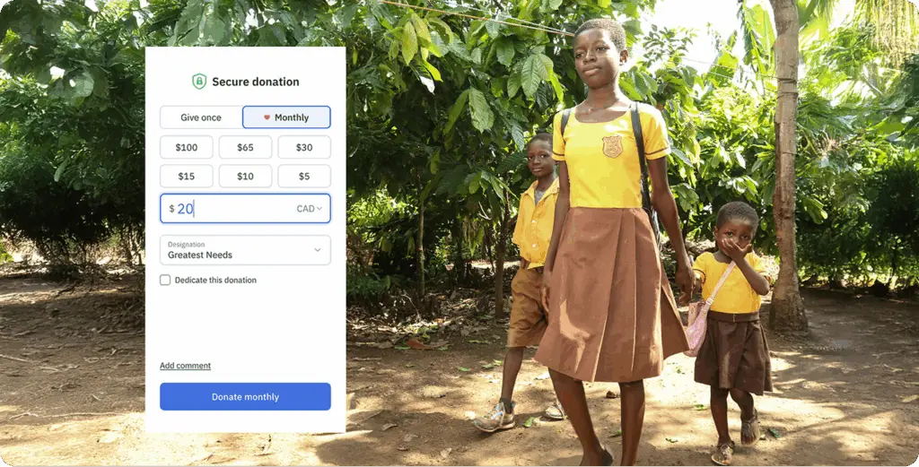 Digital donation form overlaying an image of children walking to school in a rural area.