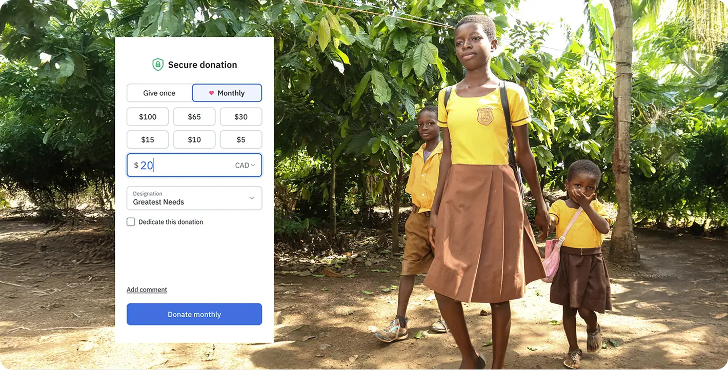 Digital donation form overlaying an image of children walking to school in a rural area.
