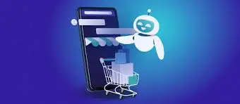 Digital illustration showing AI integration in e-commerce with a mobile shop and an automated assistant.