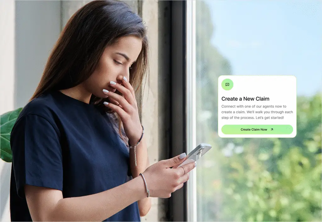 A woman using her phone to start an insurance claim process with a digital interface overlay.