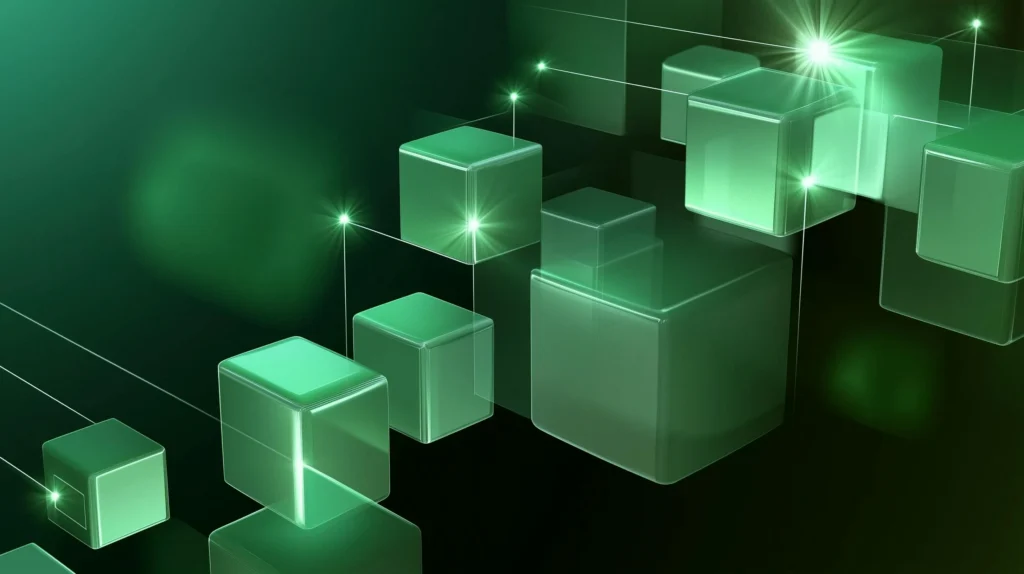 Abstract glowing green 3D cubes connected by digital light rays.