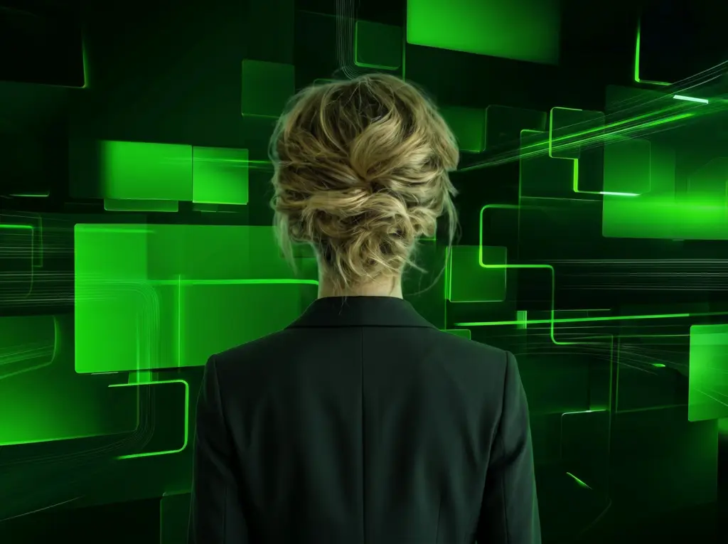 A woman facing a wall of luminous green digital displays in a futuristic setting.