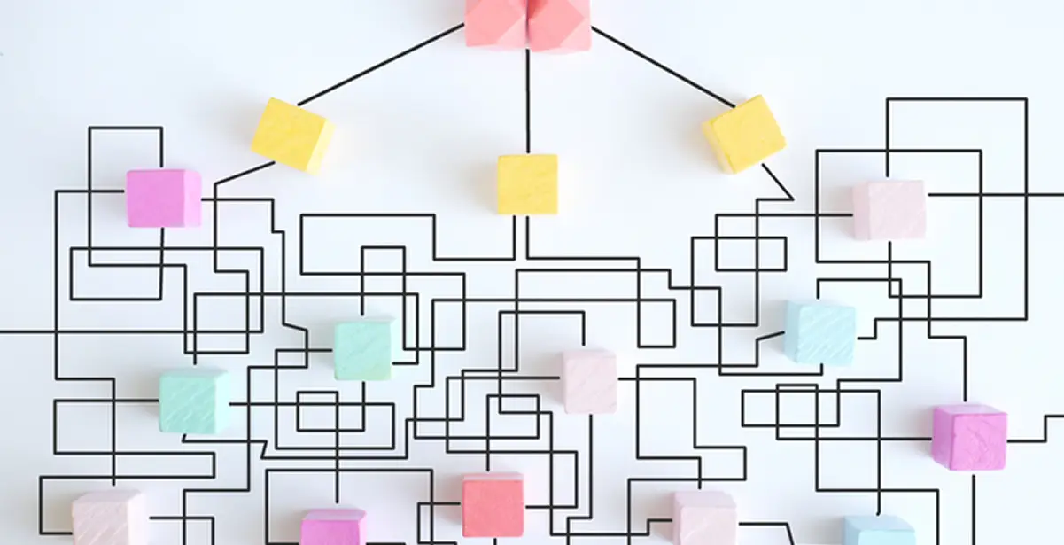 A complex network diagram with colorful blocks and an intricate web of black connecting lines.