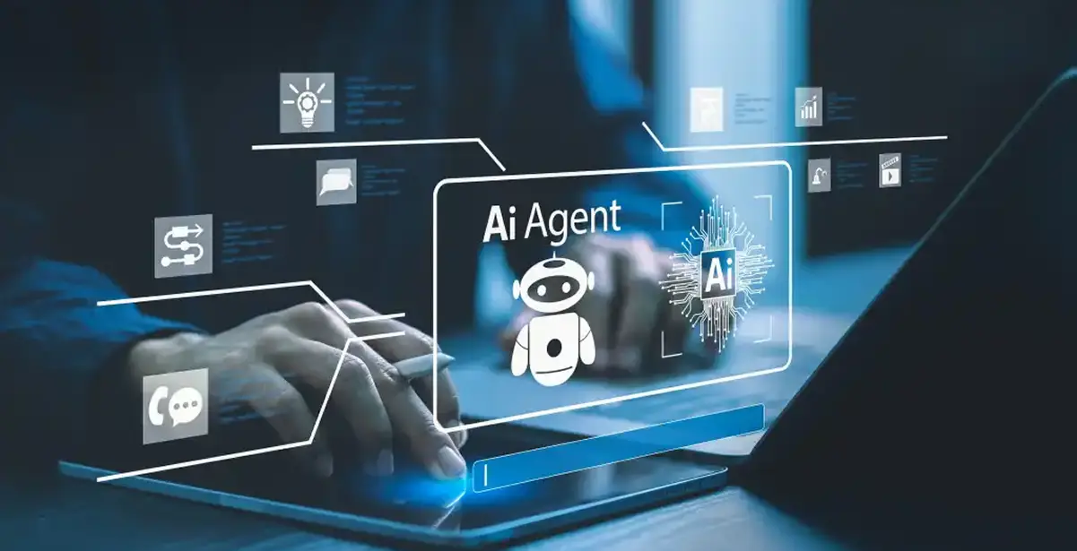 A futuristic digital interface showing an "Ai Agent" system being used on a laptop.