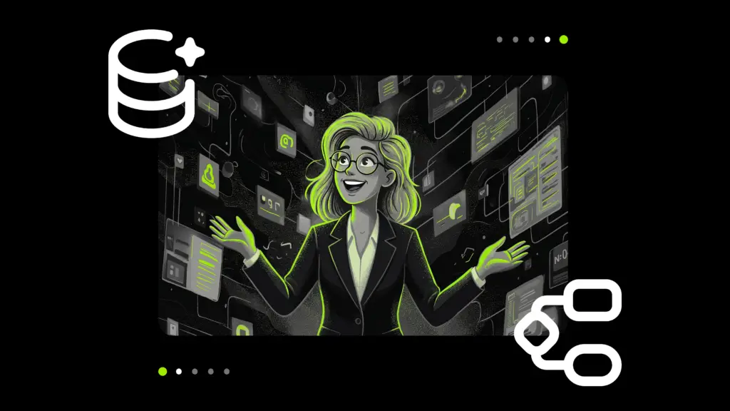 A stylized illustration of a professional woman managing a digital ecosystem of data and interfaces.
