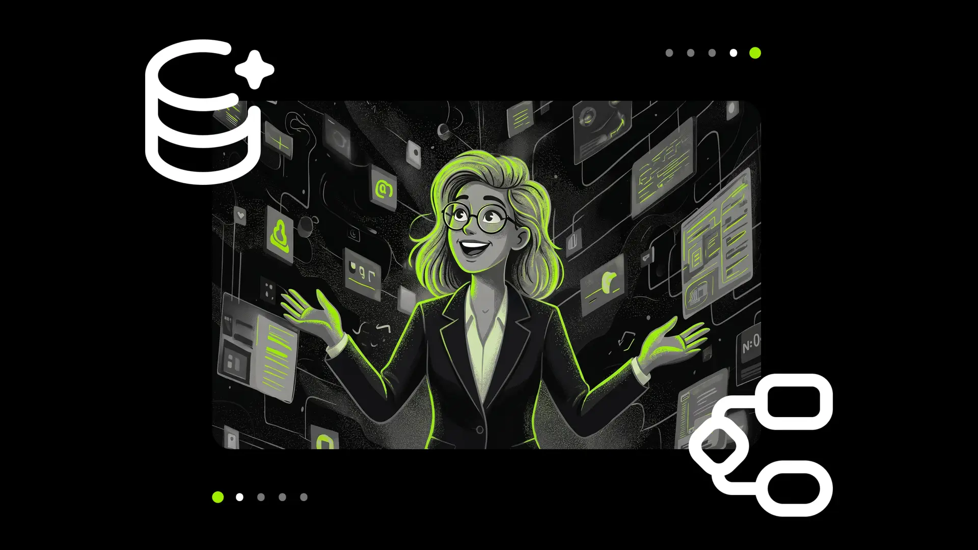 A stylized illustration of a professional woman managing a digital ecosystem of data and interfaces.
