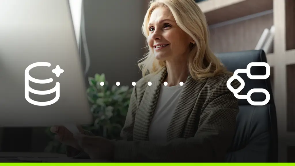 A professional woman working on a computer with overlaid icons representing database and network connectivity.