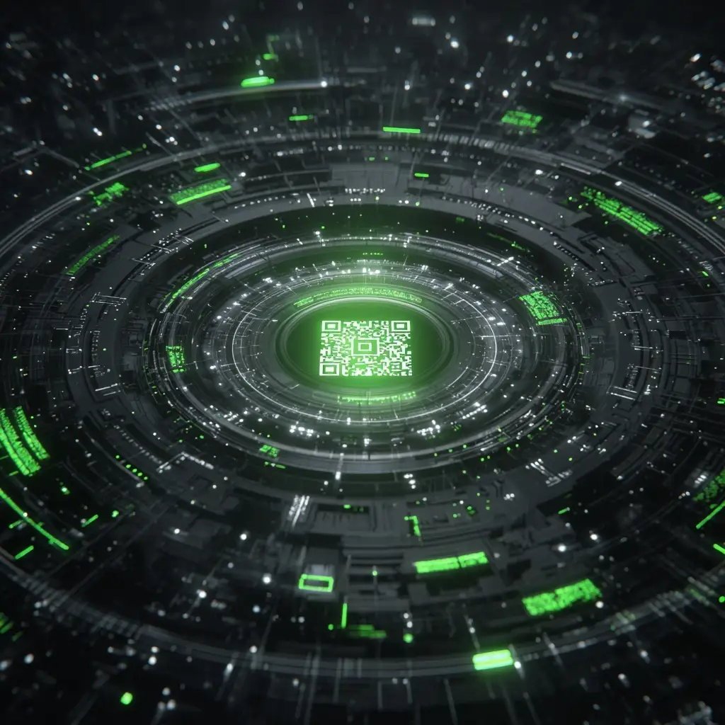 A futuristic, glowing green QR code centered within a high-tech circular digital interface and complex circuitry.