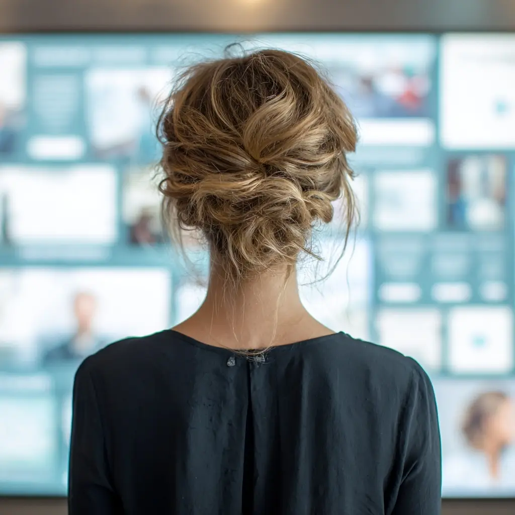 A woman from behind with her hair in a messy bun, looking at a large wall of blurred digital screens.