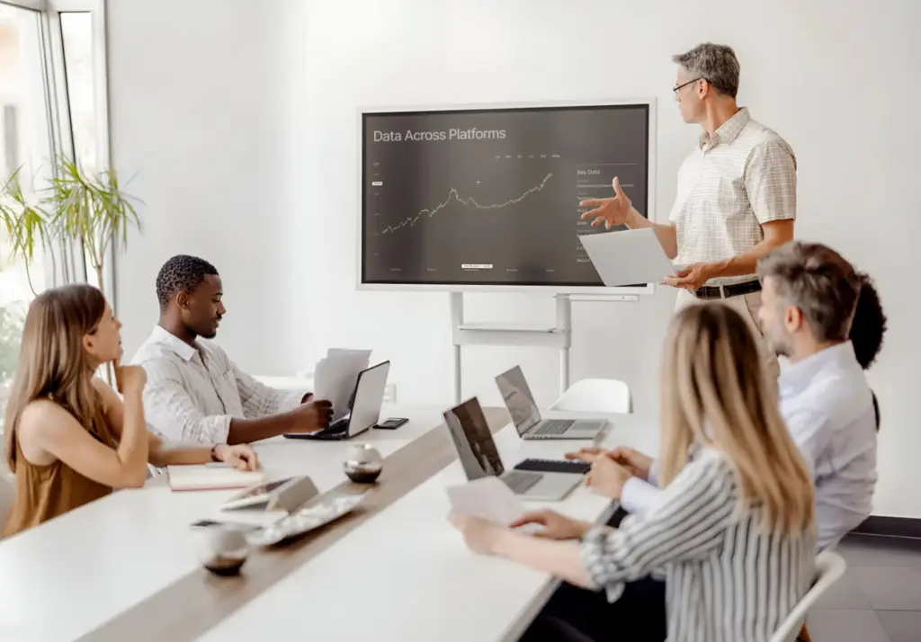 A professional group meeting where a presenter shows a "Data Across Platforms" graph on a large screen to colleagues in a bright, modern office.